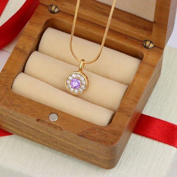 "Round Purple Crystal Pendant in Rose Gold with Halo, XPPT1590 - Picture 5 of 13